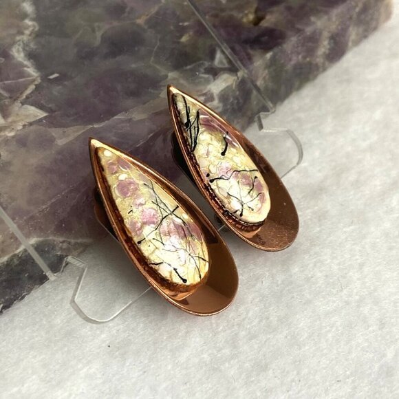 VTG Signed Renoir Matisse Copper Modernist Enamel Teardrop Clip On Earrings - Picture 2 of 16